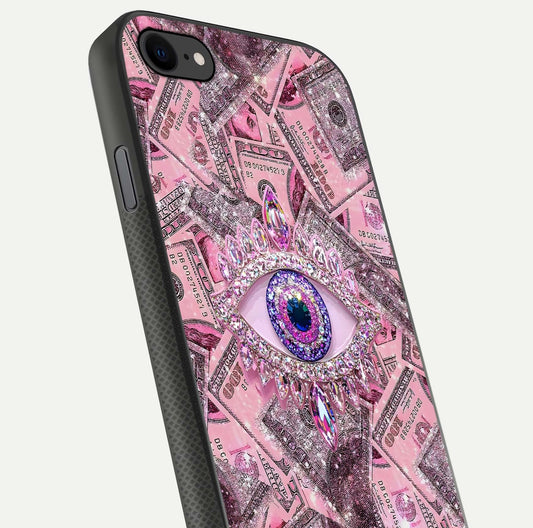 Money Eye Luxe Glass Case for iPhone 7 close-up angled shot showing gold detailing and reflection shine