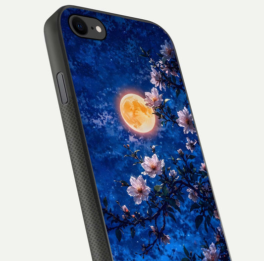 Moonlit Blossoms Night Glass Case for iPhone 7 close-up angled shot showing petal glow and reflection detail