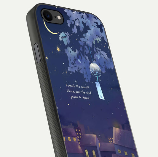 Moonlit Cat Silence Glass Case for iPhone 7 close-up angled shot showing soft glow and reflection texture