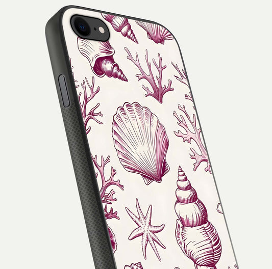 Pink Shells Outline Glass Case for iPhone 7 close-up angled shot showing fine shell lines and reflection