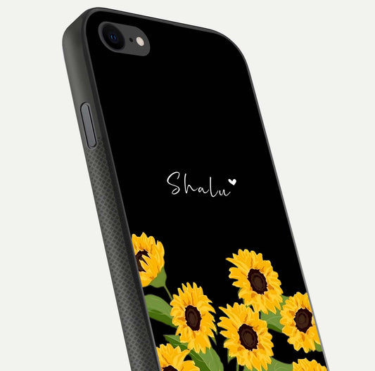 Sunflower Chic Mood Custom Name Glass Case for iPhone 16 Pro close-up angled shot showing HD sunflower pattern