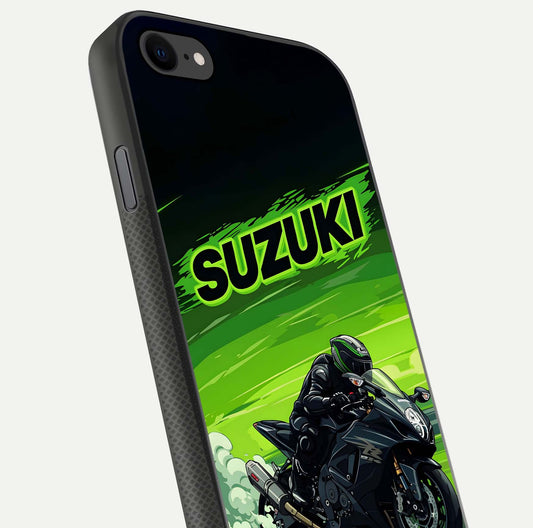 Suzuki Speed Beast Glass Case for iPhone 7 close-up angled shot highlighting bold tones and reflection