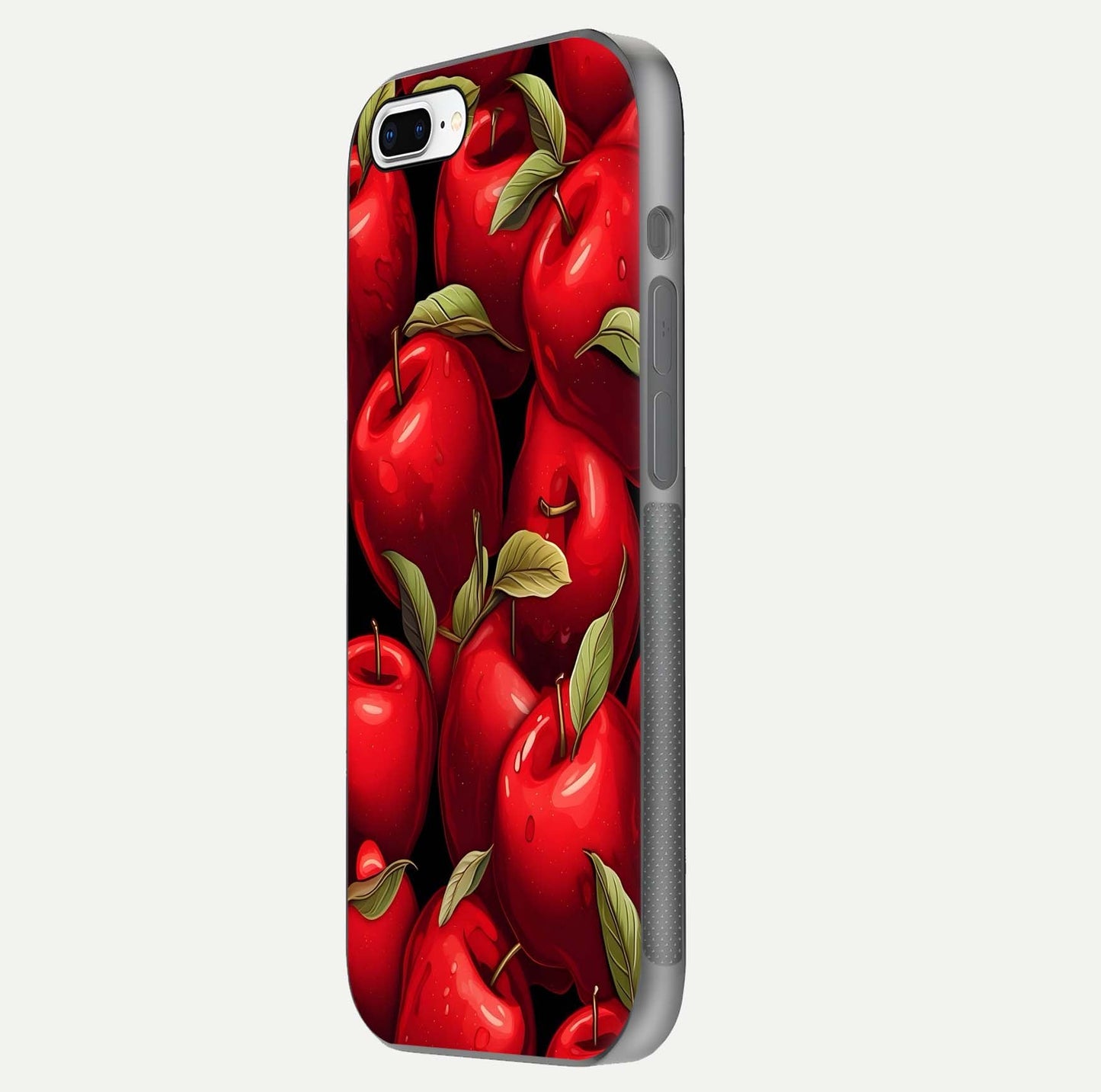 Apple Pattern Glass Case for iPhone 16 Pro side-angle image showcasing minimalist apple print and gloss reflection