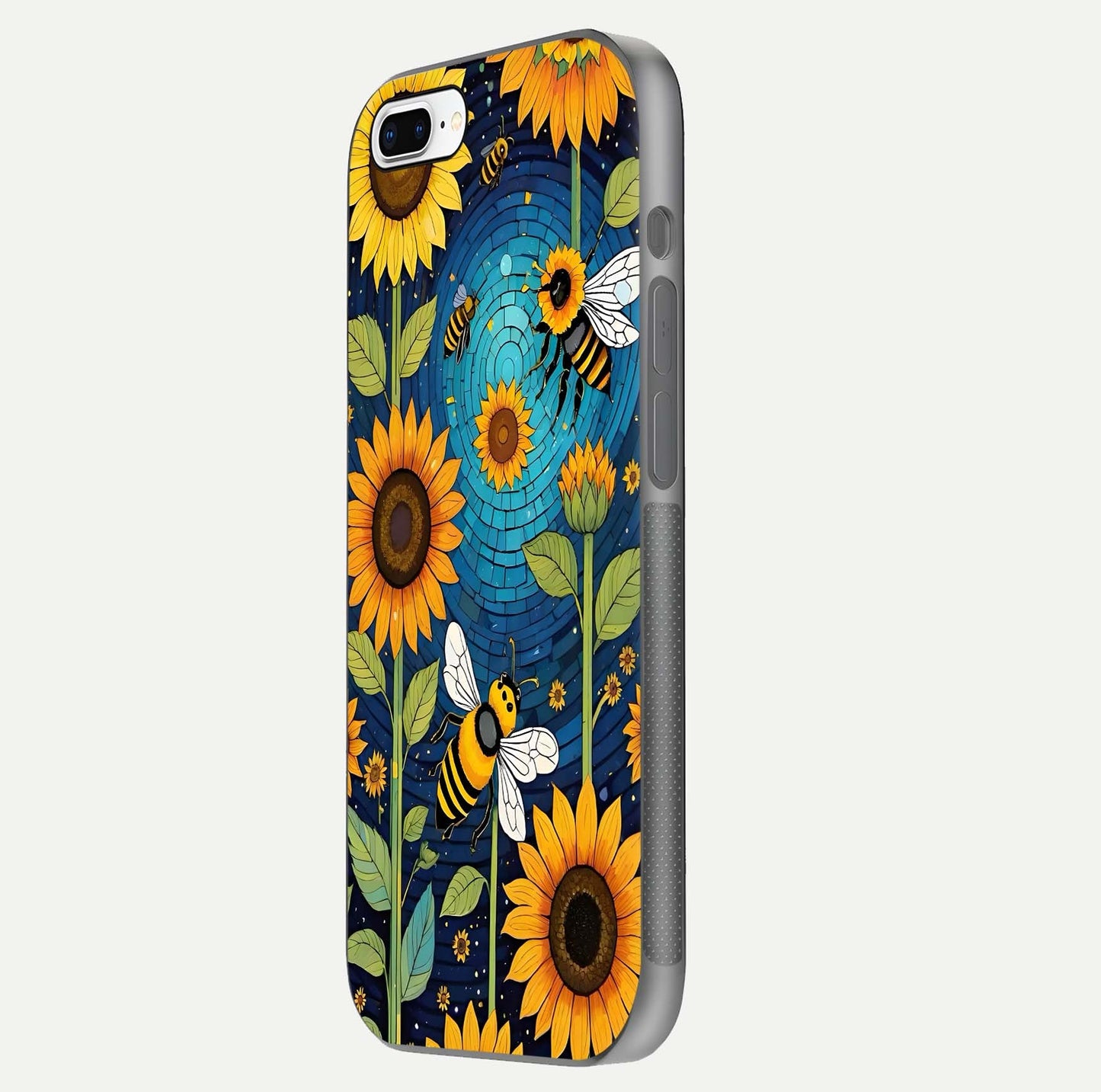 Bees & Sunflowers Glass Case for iPhone 16 Pro side-angle image showing bee pattern alignment and shiny protective surface