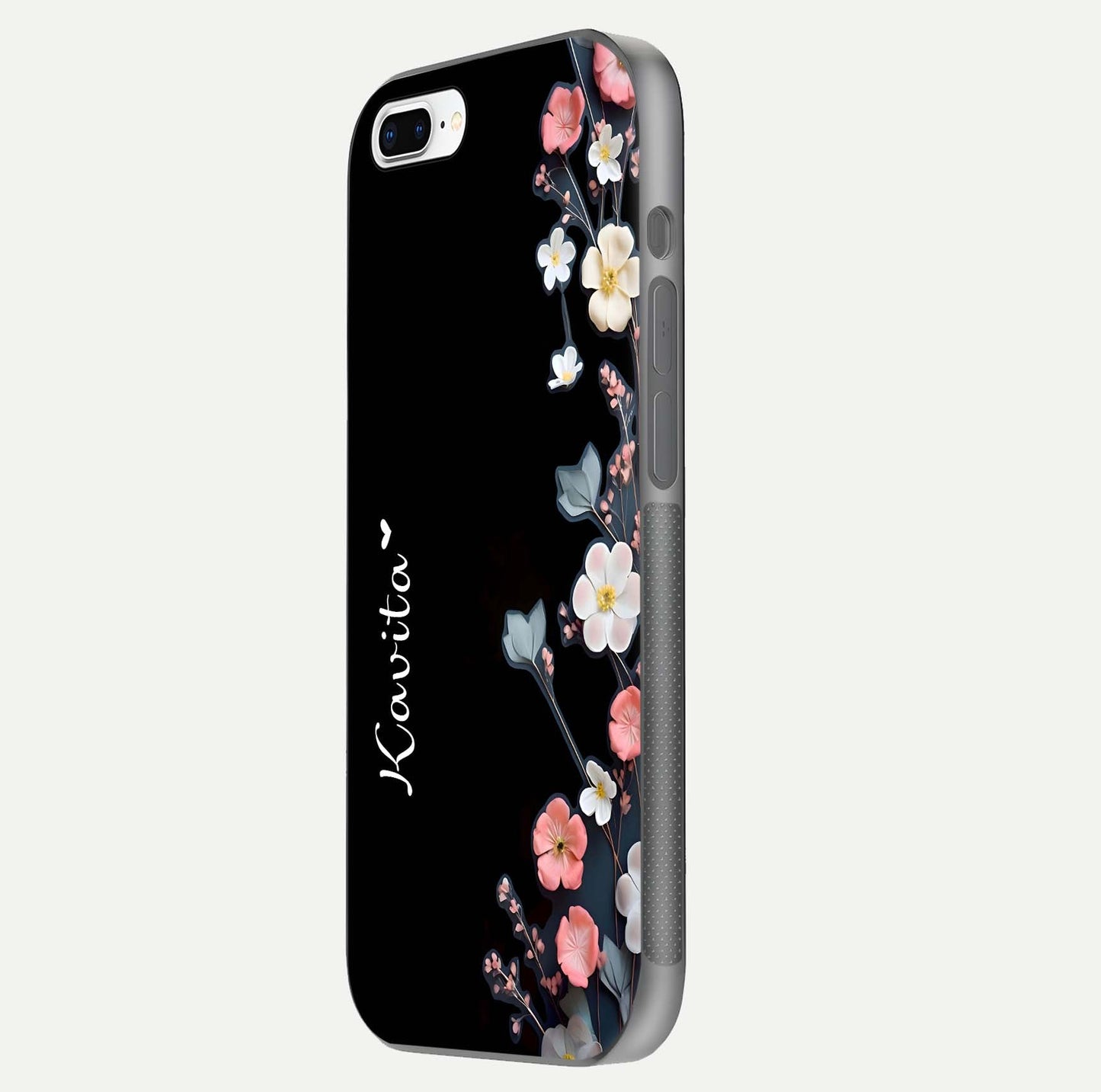 Black Elegance Floral Custom Name Glass Case for iPhone 16 Pro side-angle showing black gloss depth and delicate print texture