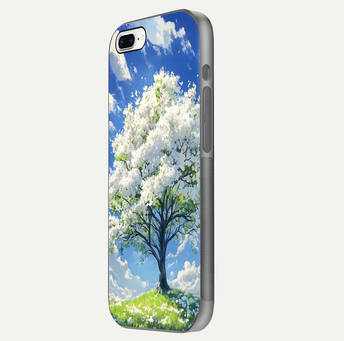 Blossom Sky Serenity Glass Case for iPhone 16 Pro side-angle image showing elegant edge flow and light reflection