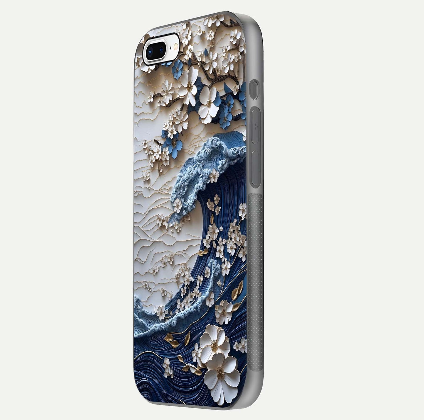 Blossom Wave Art Glass Case for iPhone 7 Plus side-angle view showing wave-flow print and gloss edge finish