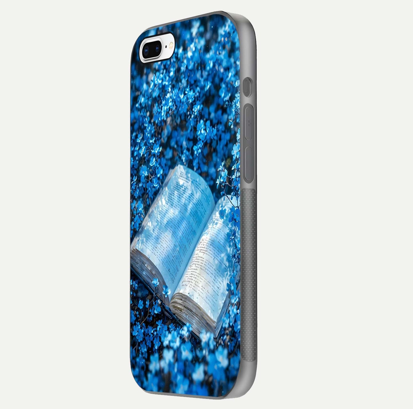 Blue Bloom Tales Glass Case for iPhone 7 Plus side-angle image showing blue floral pattern and glossy finish