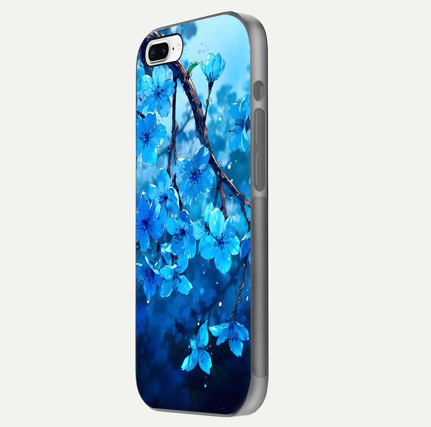 Blue Blossoms Branch Glass Case for iPhone 16 Pro side-angle image showing blossom pattern flow and glossy texture