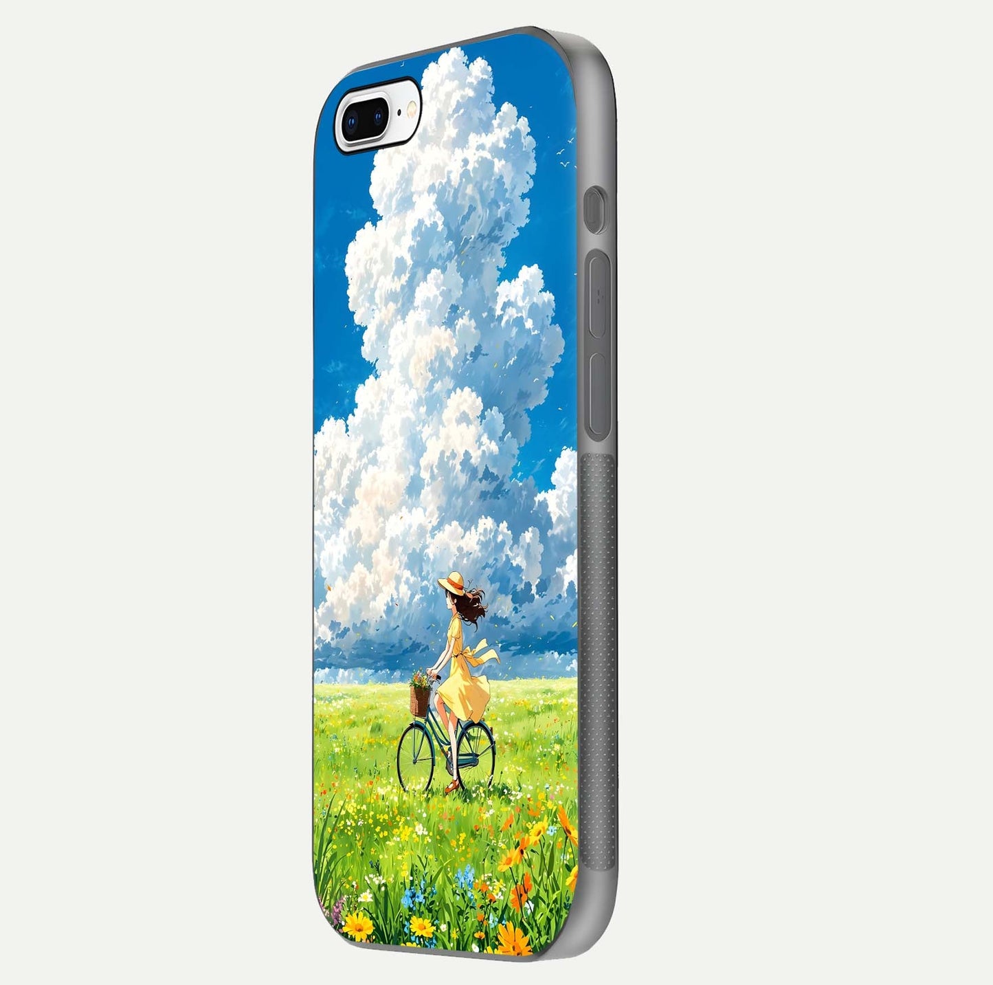 Breezy Meadow Ride Glass Case for iPhone 7 Plus side-angle image showing floral details and edge glow