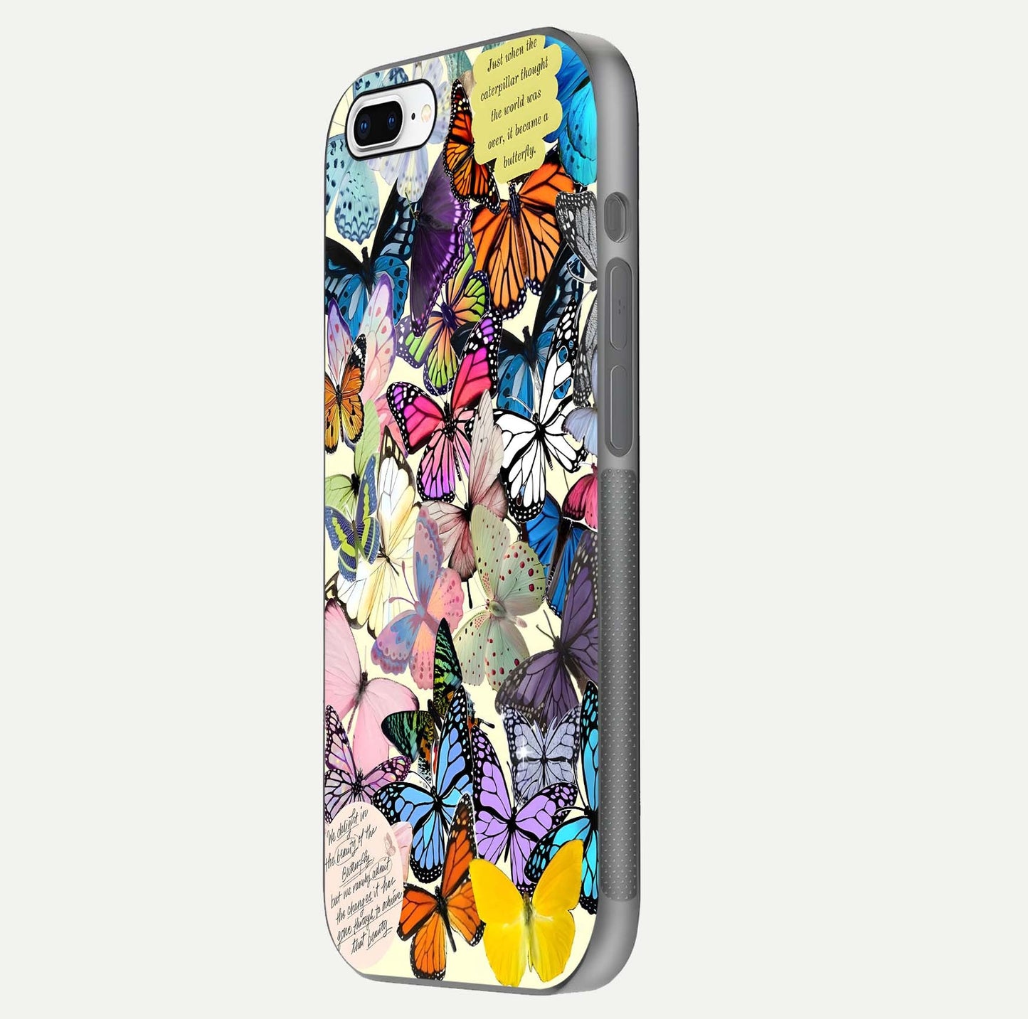 Butterflies Petal Dream Glass Case for iPhone 7 Plus side-angle shot showing butterfly motion and curved edges