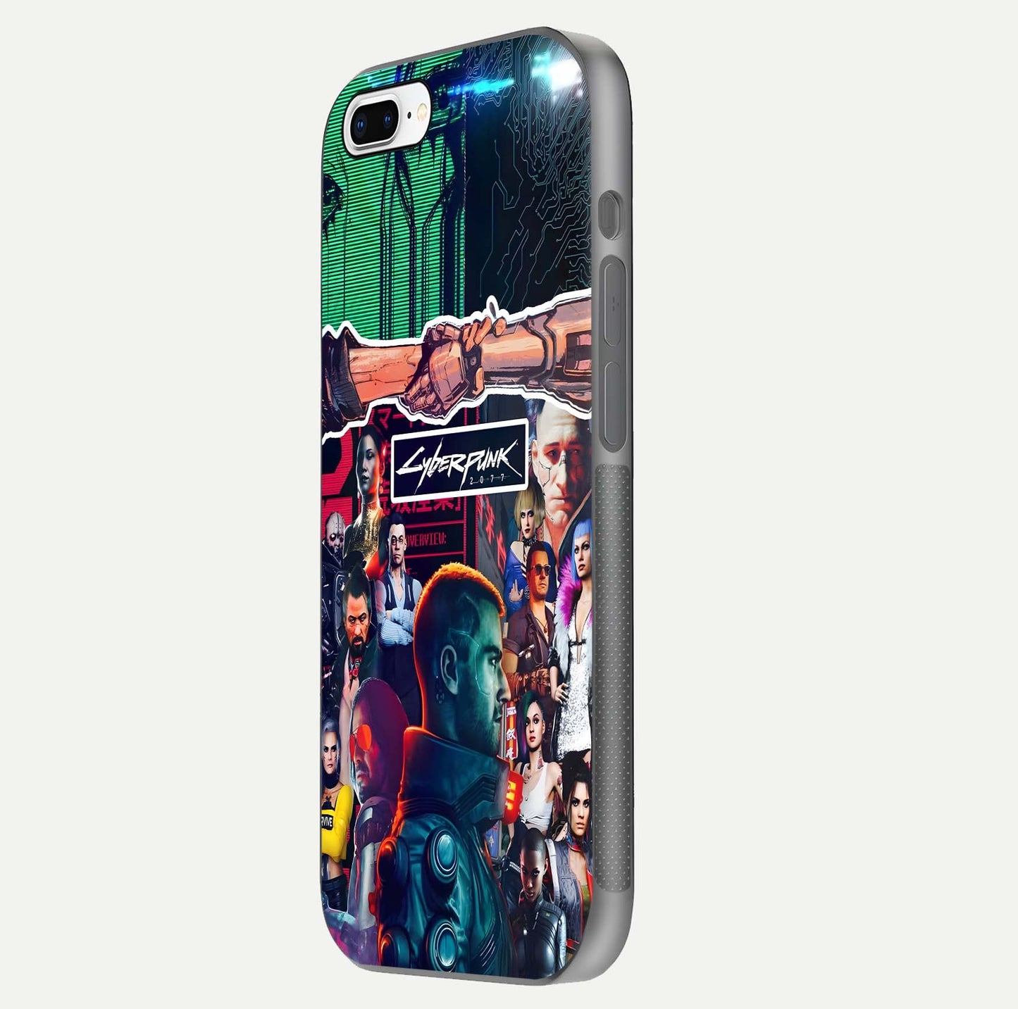 CYBERPUNK Legacy Glass Case for iPhone 7 Plus side-angle photo showing edge glow and reflective surface