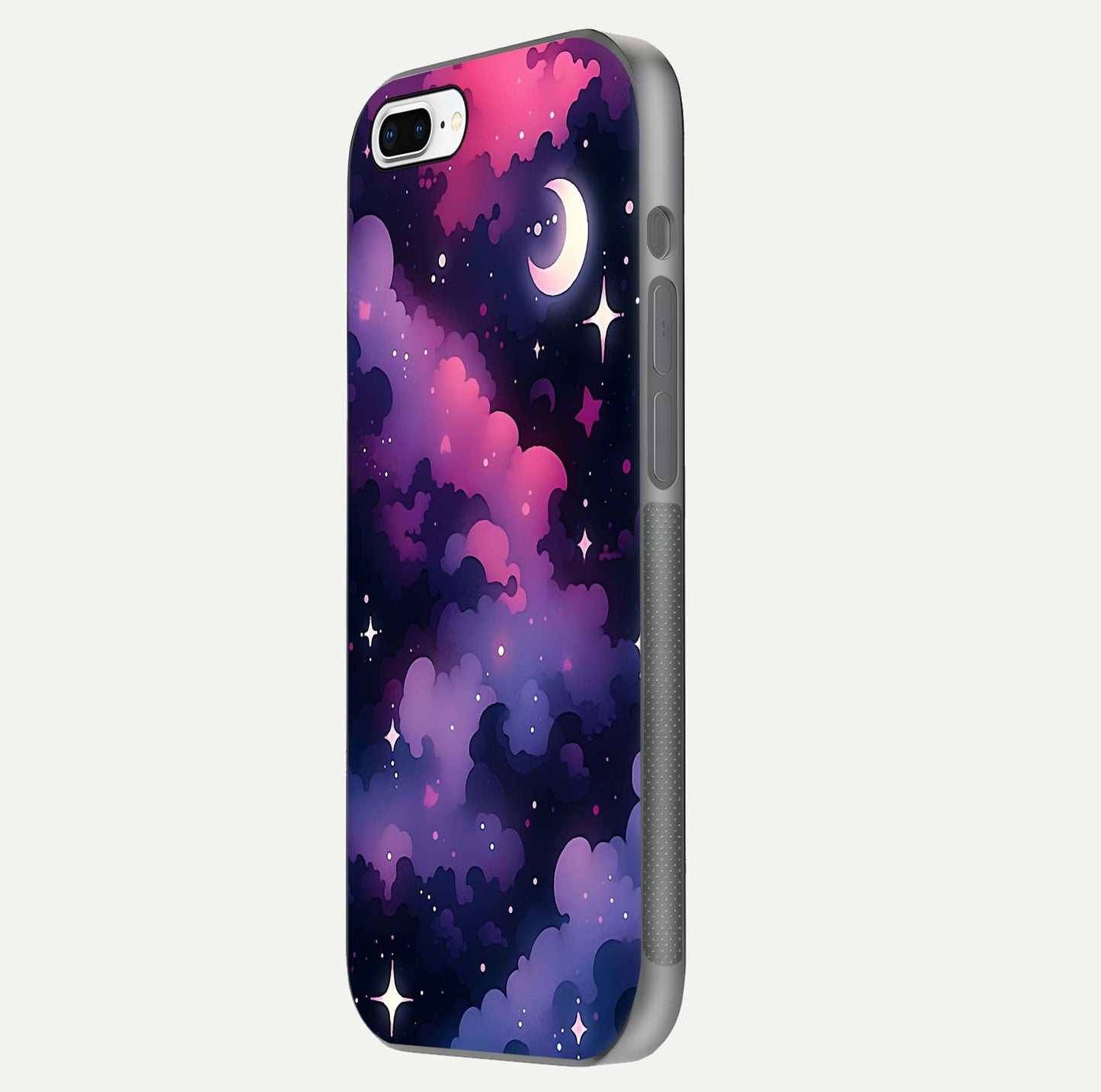Celestial Moon Magic Glass Case for iPhone 7 Plus side-angle shot capturing soft reflection and curved gloss