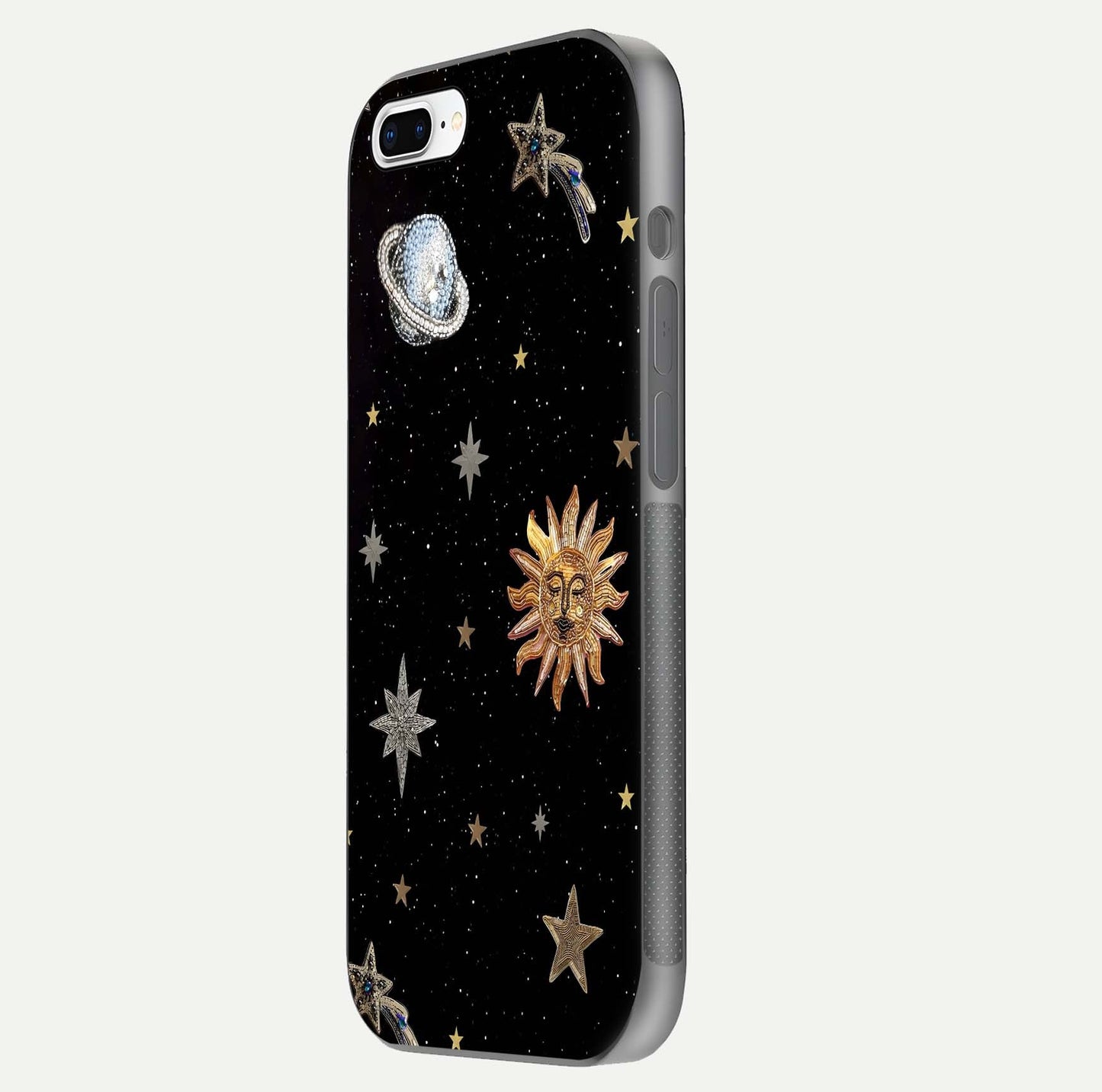 Celestial Moon With Stars Glass Case for iPhone 7 Plus side-angle view showing curved edges and shimmer glow