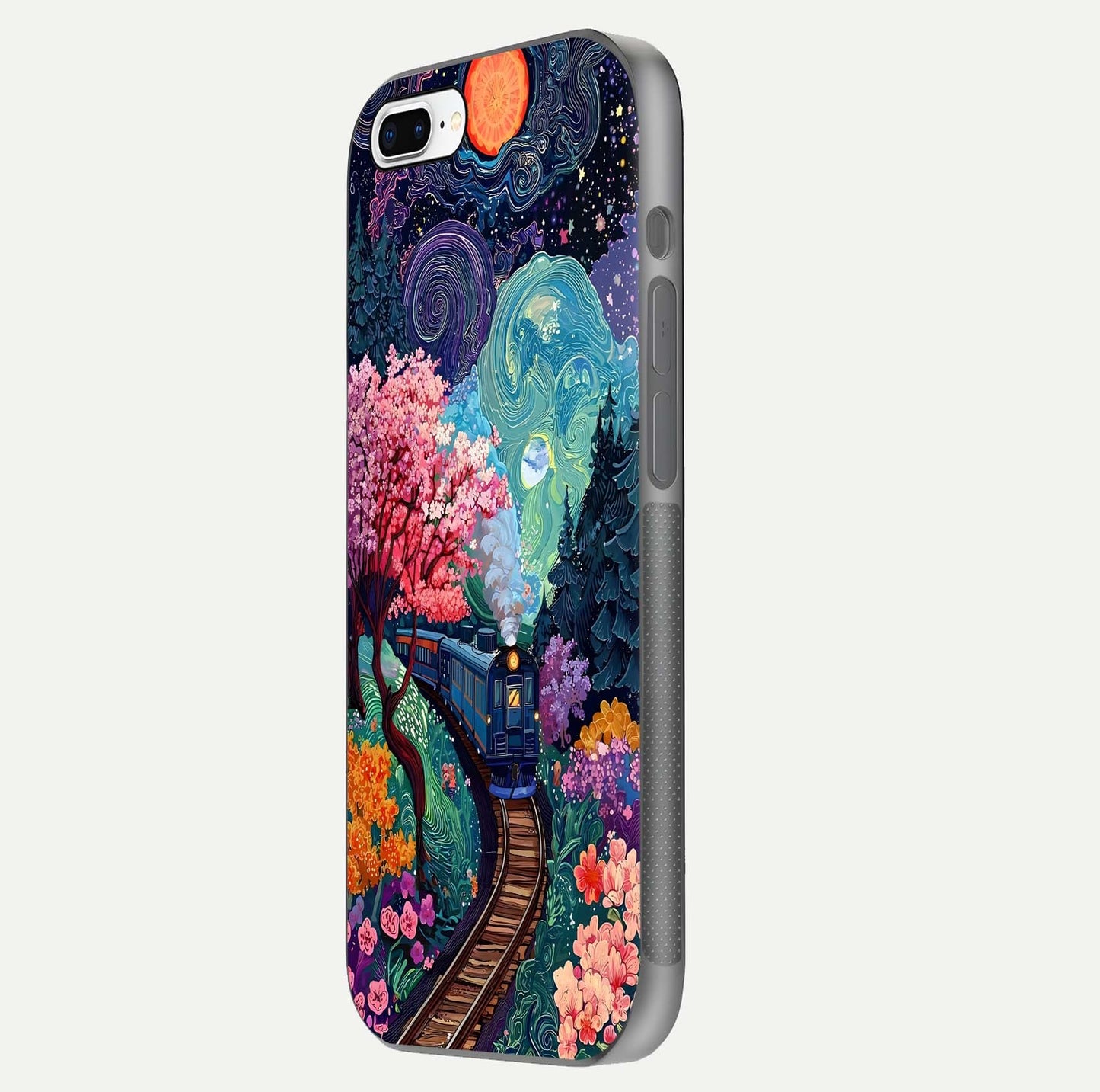 Celestial Train Journey Glass Case for iPhone 7 Plus side-angle image showing polished curve and HD print detail