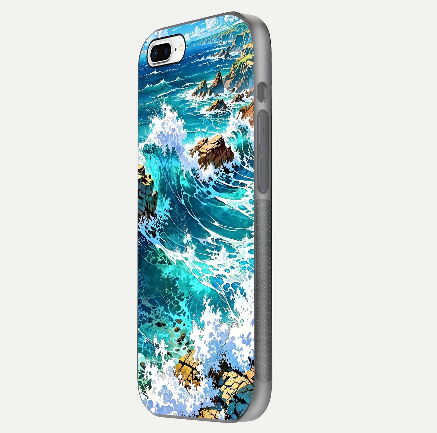 Coastal Blue Waves Glass Case for iPhone 7 Plus side-angle photo showing gloss texture and color depth