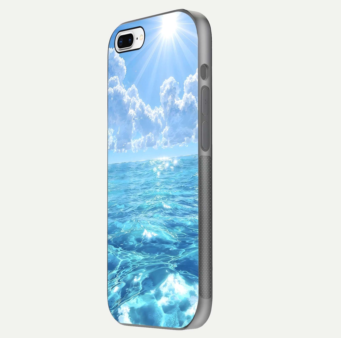 Endless Ocean Horizon Glass Case for iPhone 7 Plus side-angle photo showing reflection glow and wave tone
