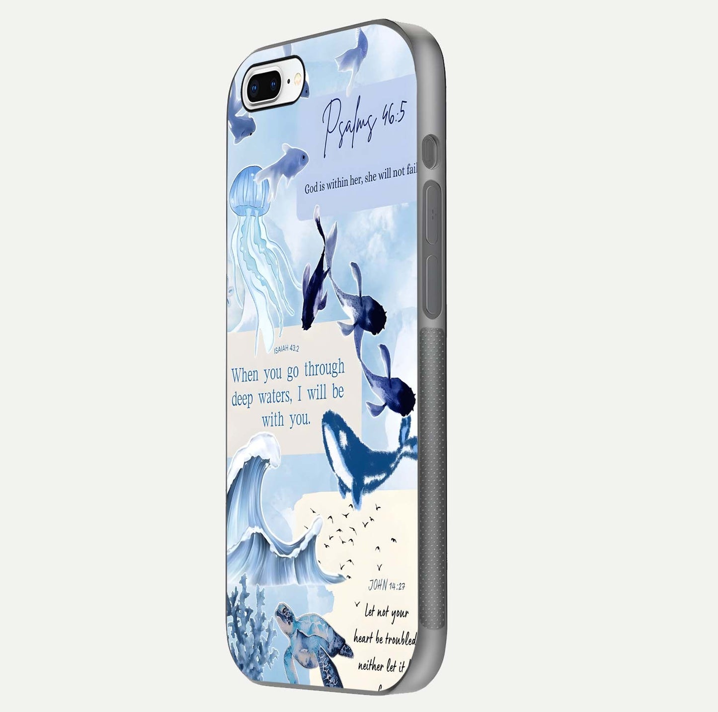 Faithful Ocean Promise Glass Case for iPhone 7 Plus side-angle photo showing reflection glow and color clarity