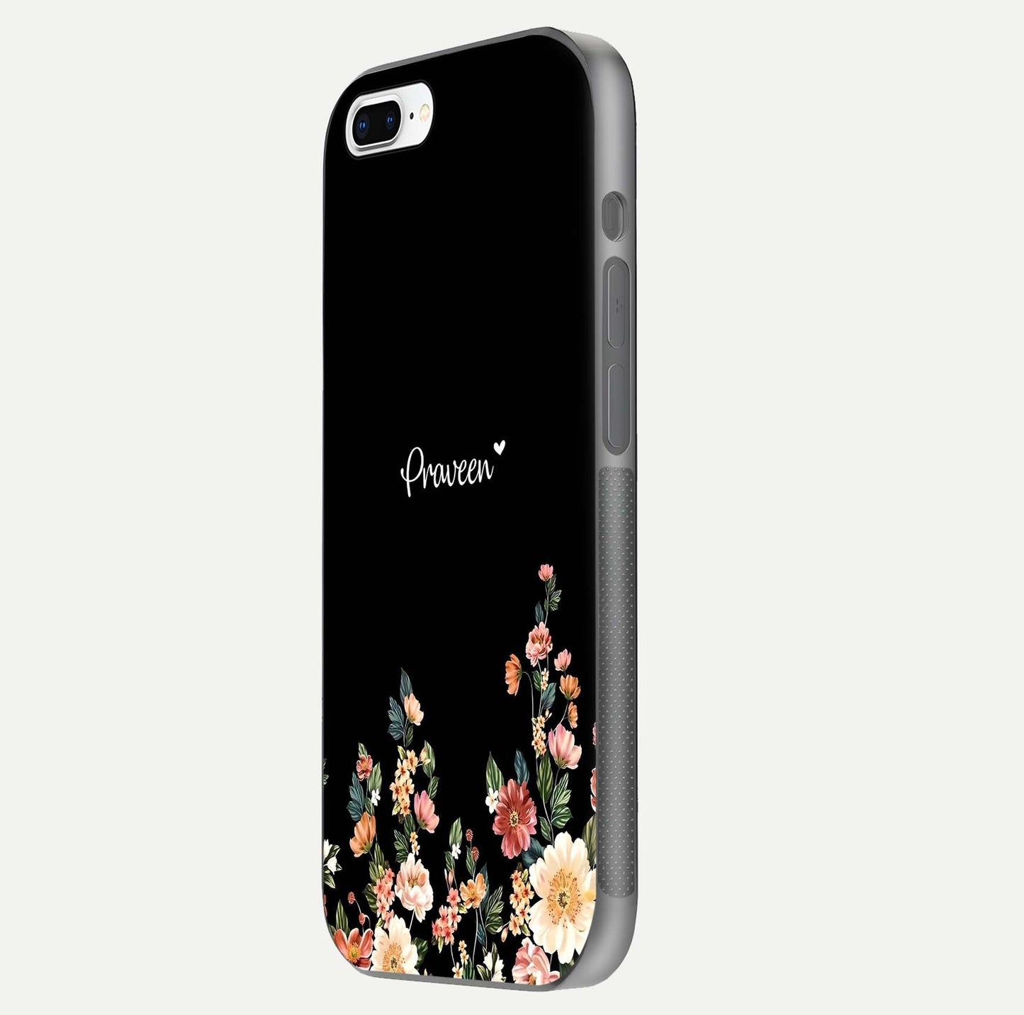 Floral Design Personalized Custom Name Glass Case for iPhone 7 Plus side-angle image showing name alignment and gloss shine