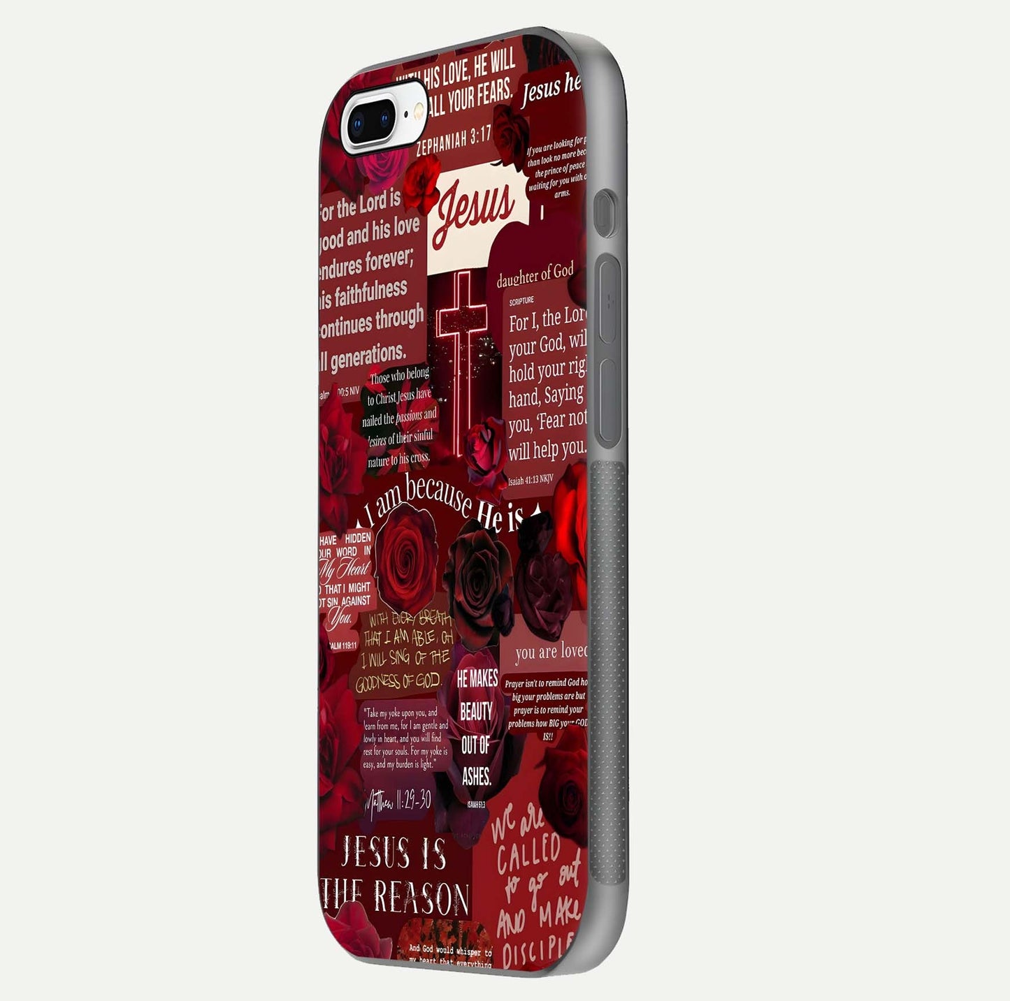 Jesus Love Heals Glass Case for iPhone 7 Plus side-angle image highlighting gloss depth and spiritual aura