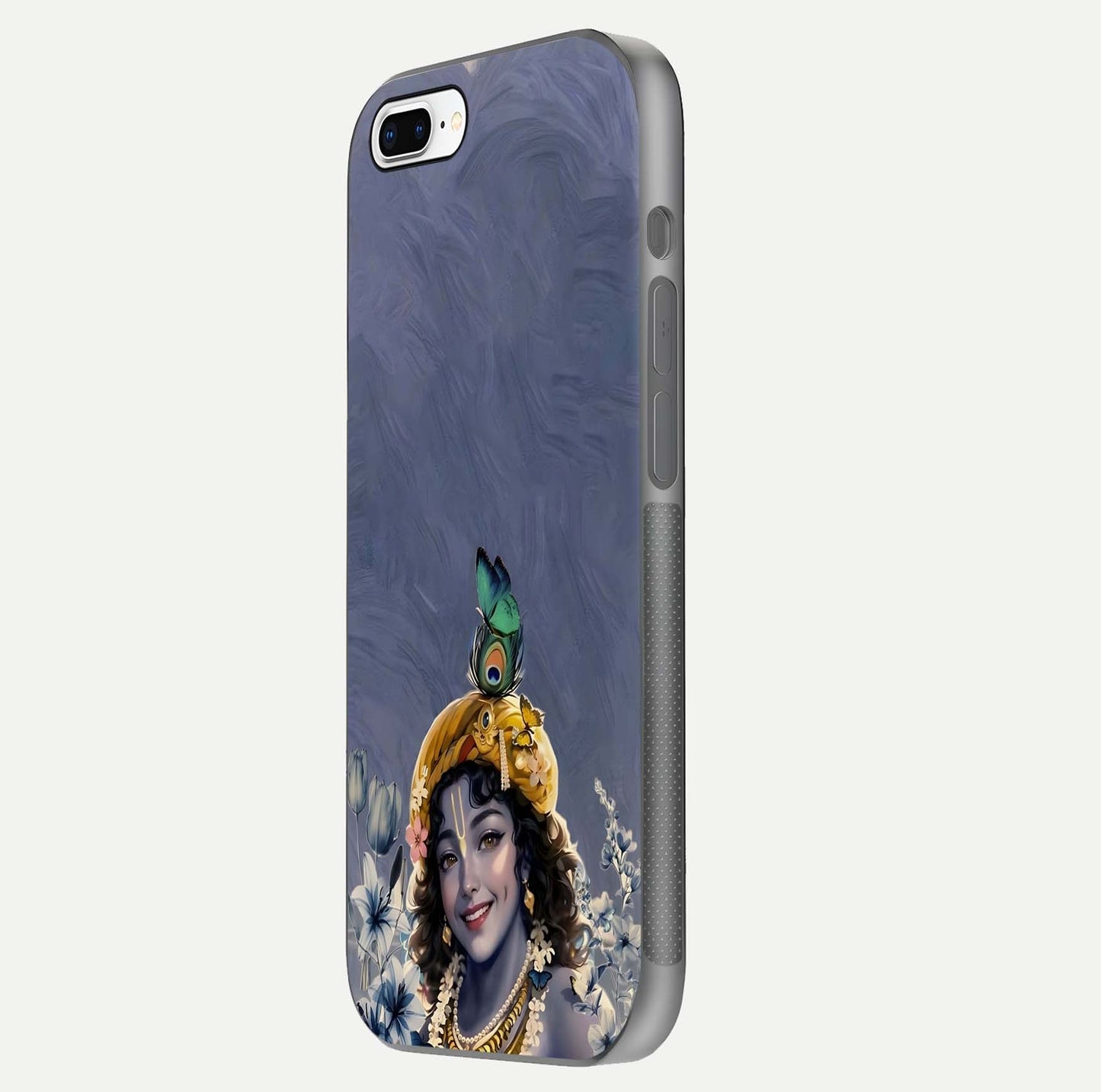 Lord Krishna Glass Case for iPhone 7 Plus side-angle image emphasizing premium reflection and sacred motif