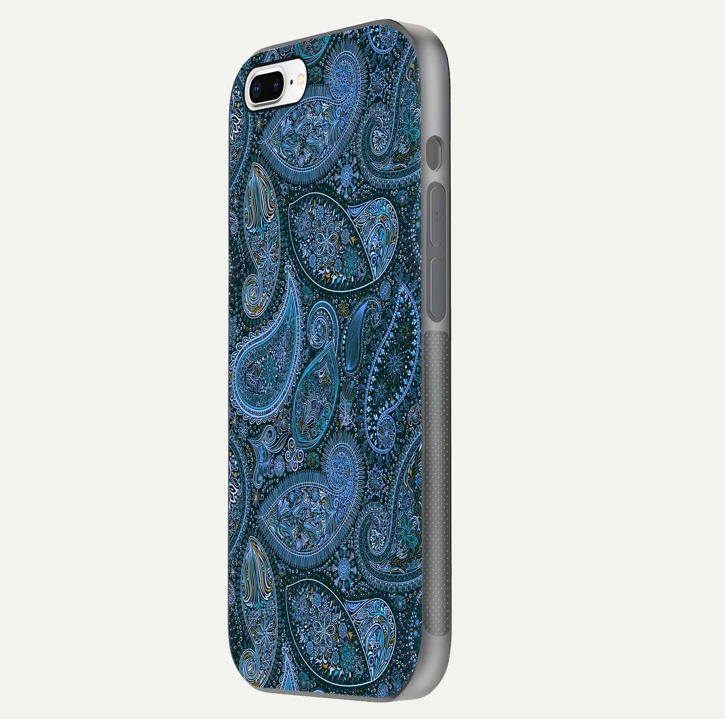 Midnight Paisley Glow Glass Case for iPhone 7 Plus side-angle image revealing reflective gloss and paisley art