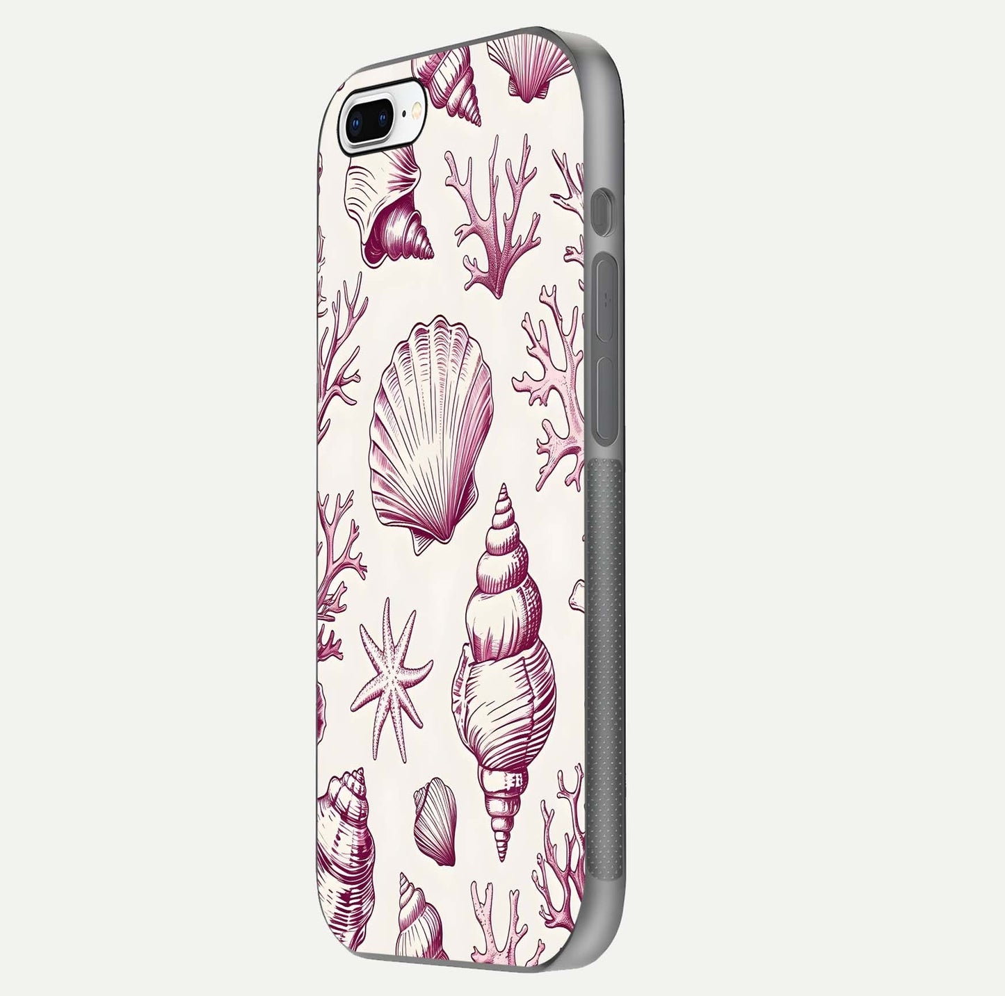 Pink Shells Outline Glass Case for iPhone 7 Plus side-angle image showing shine and intricate outline texture