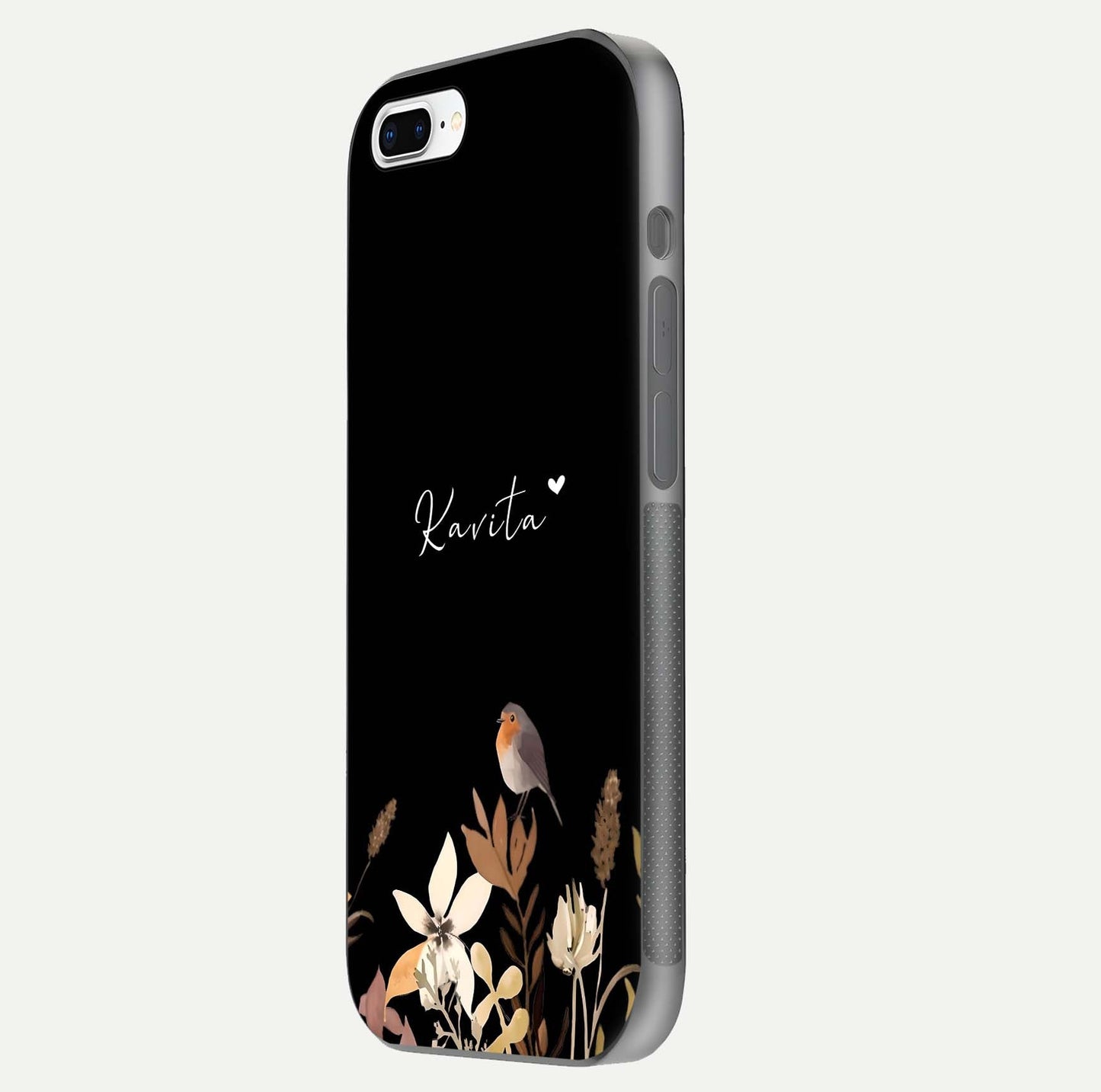 Quiet Garden Tune Custom Name Glass Case for iPhone 7 Plus side-angle image showing reflection and floral design