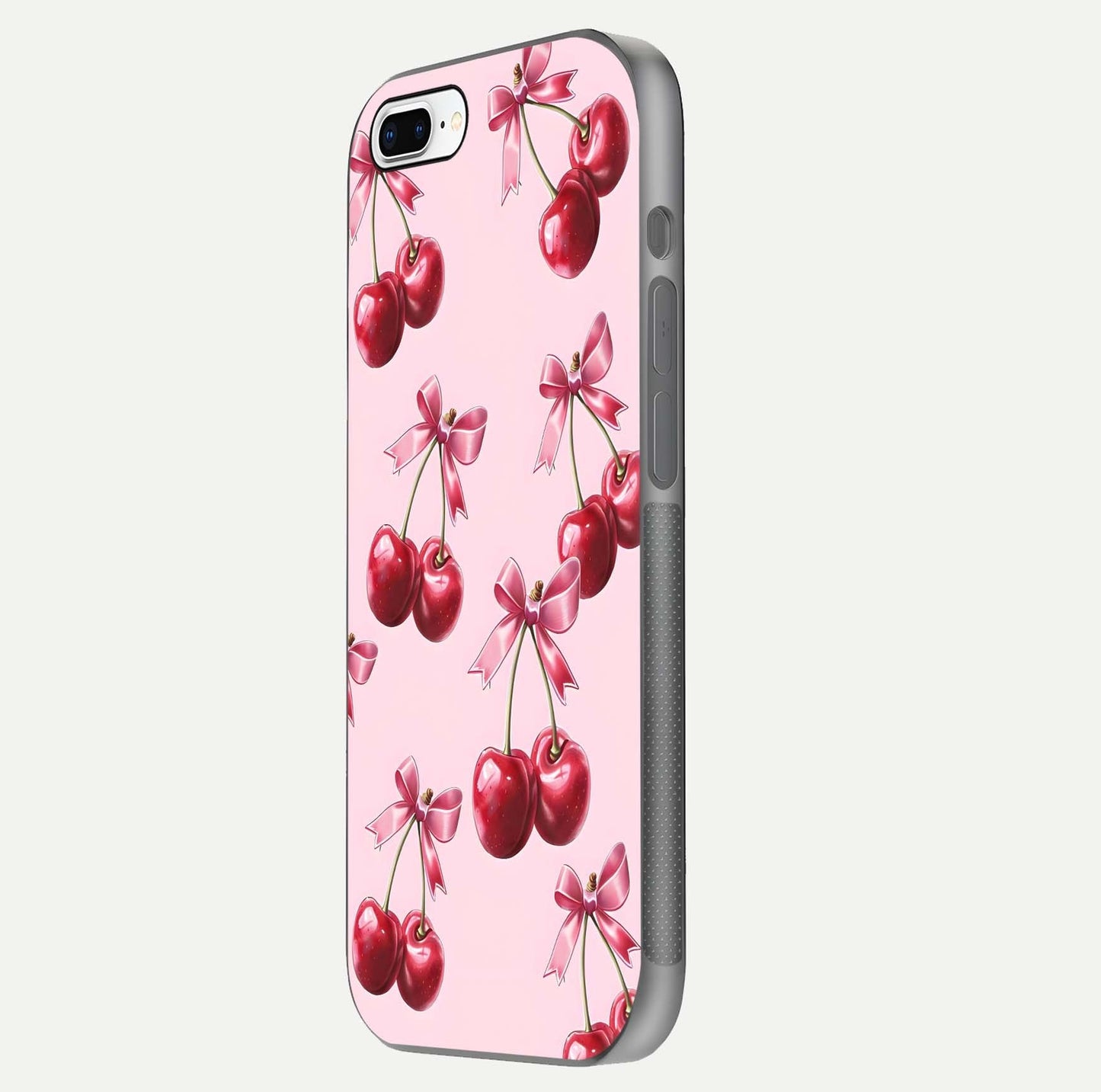Red Cherries Pattern Glass Case for iPhone 7 Plus side-angle image showing gloss surface and cherry details