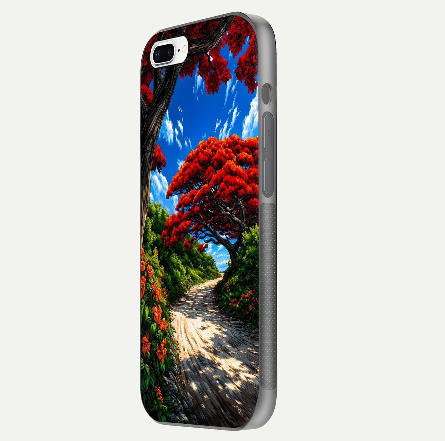 Red Trees Pathway Glass Case for iPhone 7 Plus side-angle image showing reflection and autumn vibe