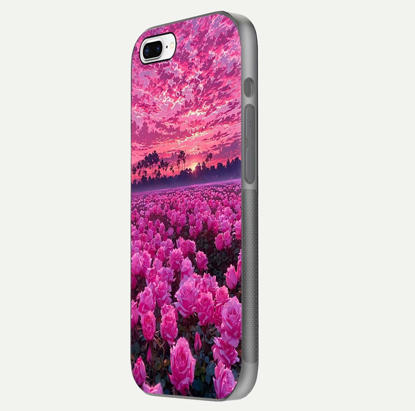 Rose Sunset Valley Glass Case for iPhone 7 Plus side-angle image showing smooth edges and floral glow