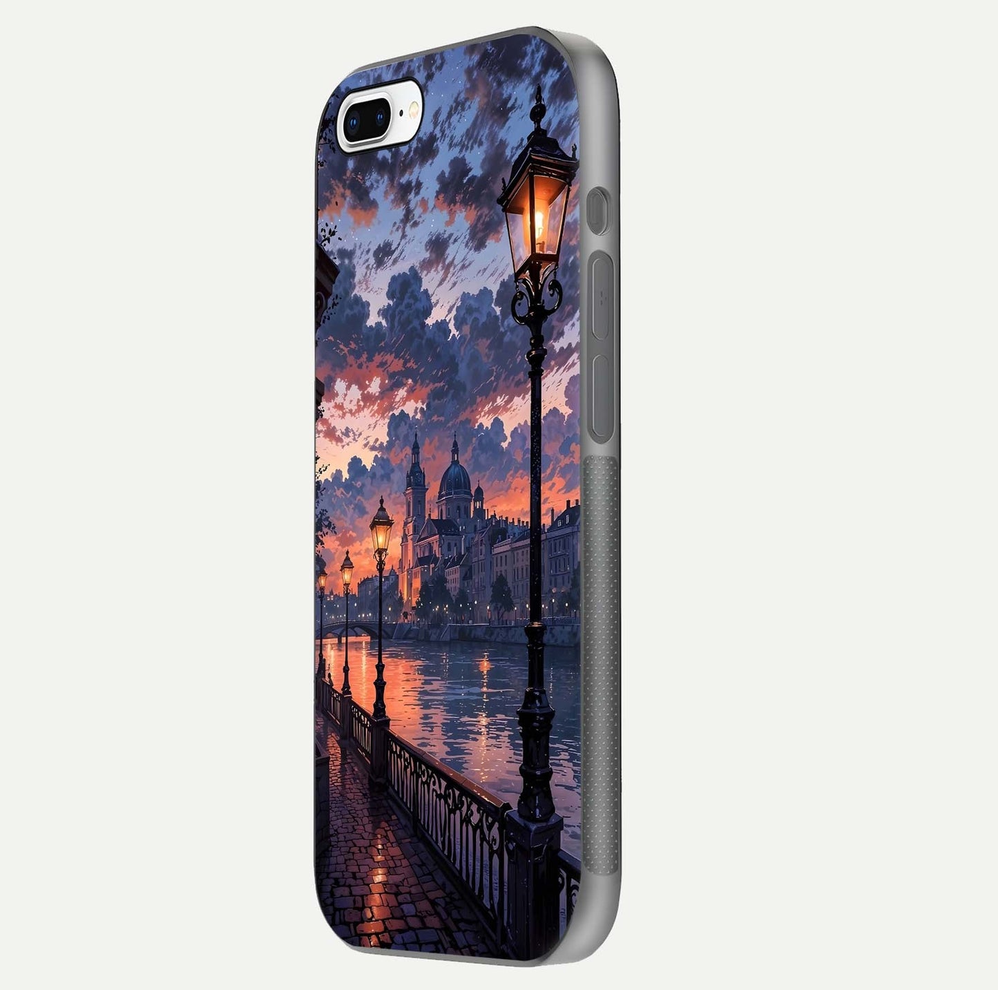 Twilight River Lights Glass Case for iPhone 7 Plus side-angle image showing reflections, lighting, and gradient tones