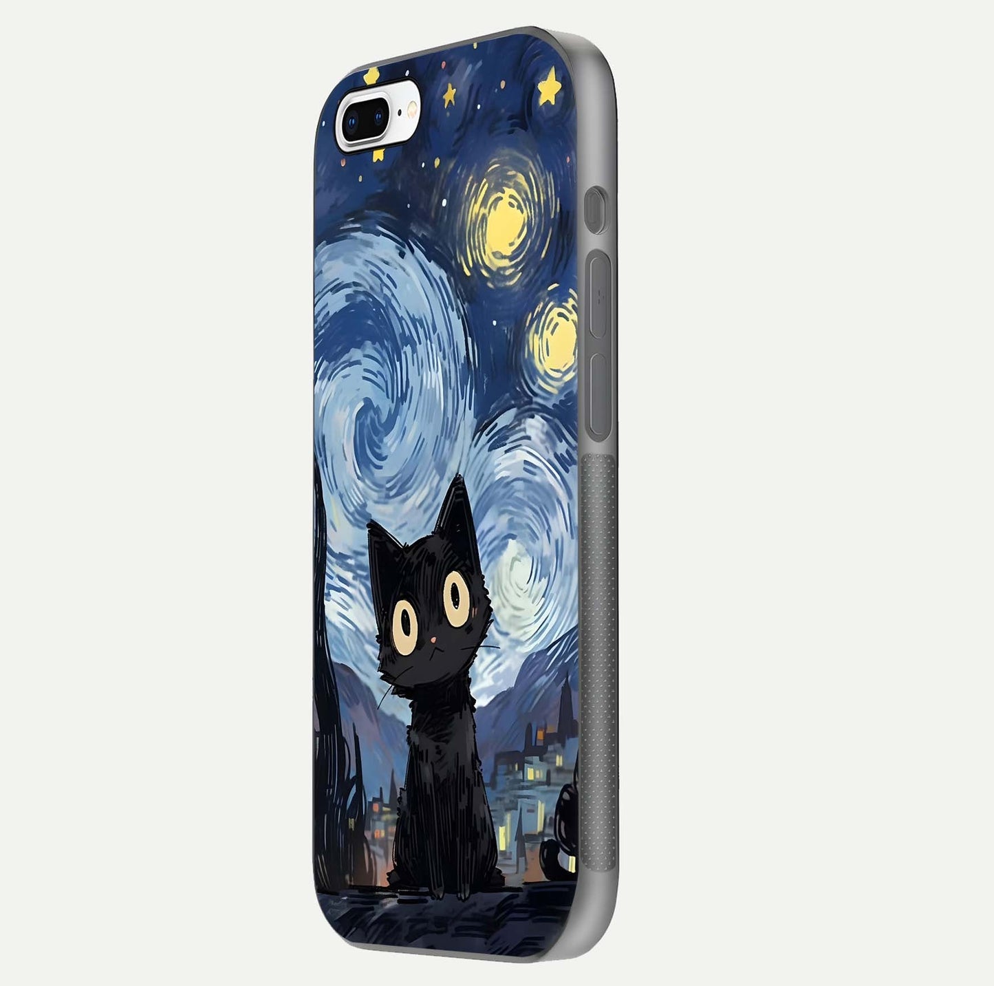 Van Gogh Cat Glass Case for iPhone 7 Plus side-angle image showing light reflection and vivid artwork
