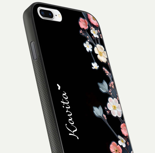 Black Elegance Floral Custom Name Glass Case for iPhone 7 Plus close-up shot showing rose detailing and elegant reflection