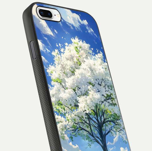 Blossom Sky Serenity Glass Case for iPhone 7 Plus close-up highlighting calming flower details and reflection gloss
