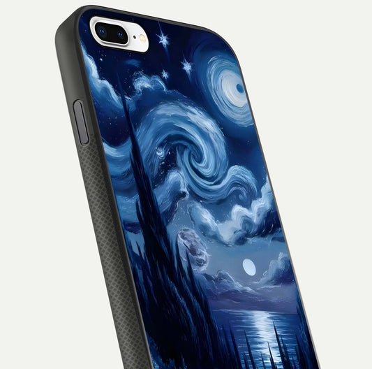 Celestial Dream Van Gogh Glass Case for iPhone 7 Plus close-up view capturing vivid brush details and star reflection