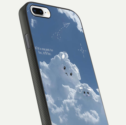 Cloud Bunny Dreams Glass Case for iPhone 7 Plus close-up showing bunny art, dreamy clouds, and HD shine
