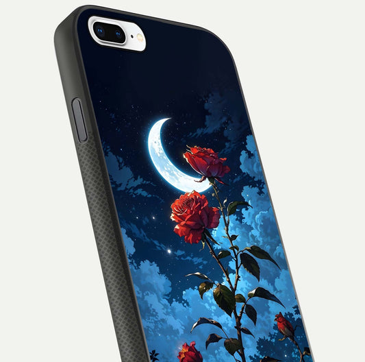 Crimson Rose Moon Glass Case for iPhone 7 Plus close-up showing rose detail and reflection highlight