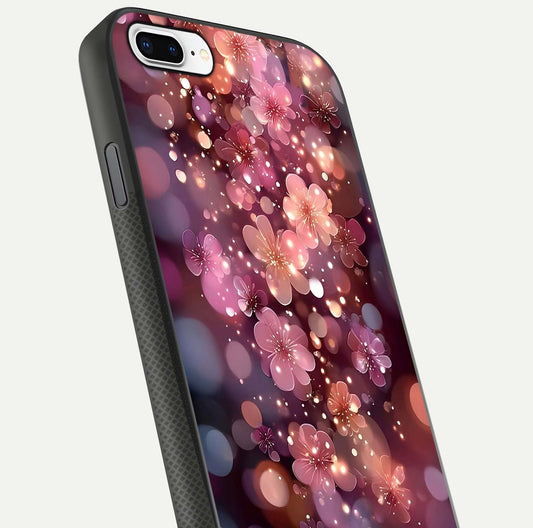 Glowing Petal Bliss Glass Case for iPhone 7 Plus close-up angled shot showing petal glow, color depth, and reflection shine