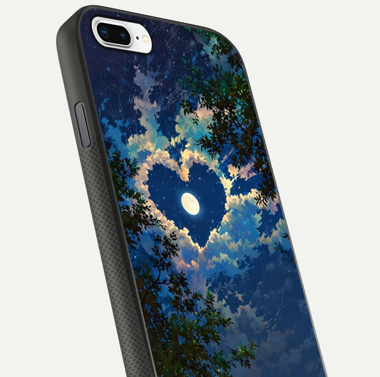 Heart with Moon Sky Glass Case for iPhone 7 Plus close-up angled shot showing lunar reflection and shine detail