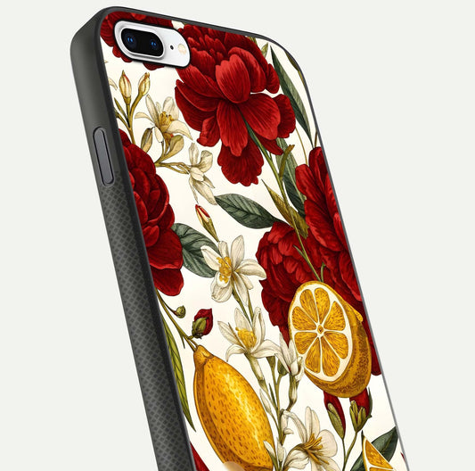 Lemon Rose Charm Glass Case for iPhone 7 Plus angled close-up showing vivid rose details and HD glass reflection