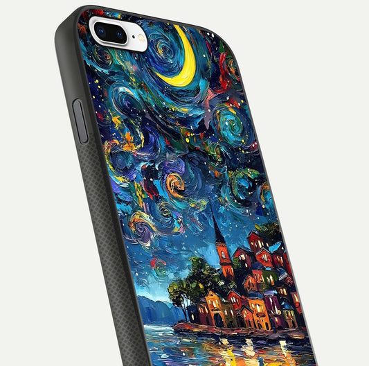 Moonlight Harbor Glow Glass Case for iPhone 7 Plus close-up angled shot showing reflection and moonlight glow