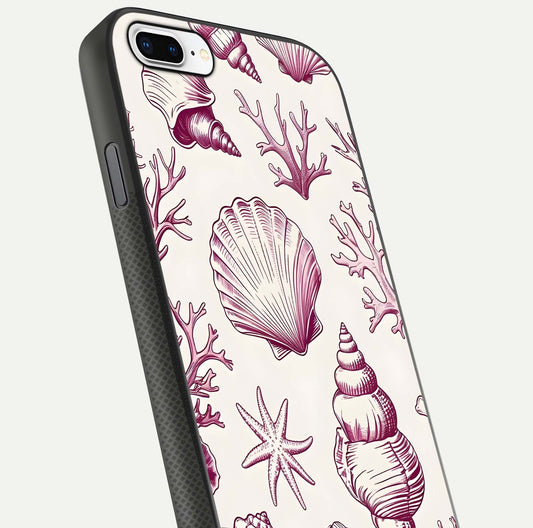 Pink Shells Outline Glass Case for iPhone 7 Plus close-up angled shot showing fine shell lines and reflection