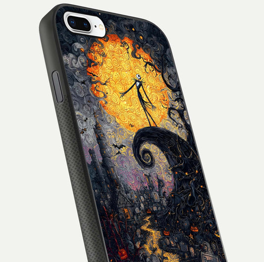 Pumpkin Moon Night Glass Case for iPhone 7 Plus close-up angled shot showing moon reflection and Halloween glow