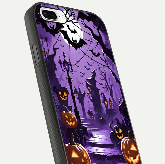 Pumpkin Patch Halloween Glass Case for iPhone 7 Plus close-up angled shot highlighting pumpkin texture and shine