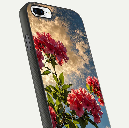 Red Bloom Skies Glass Case for iPhone 7 Plus close-up angled shot highlighting detailed blooms and reflection