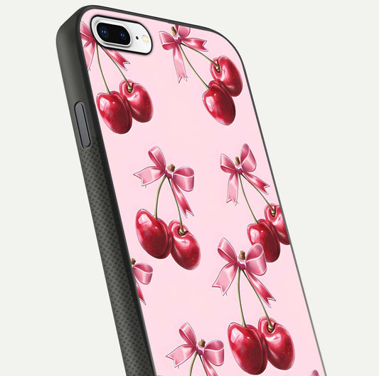 Red Cherries Pattern Glass Case for iPhone 7 Plus close-up angled shot showing cherry details and HD reflection