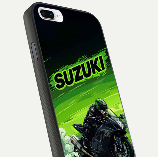 Suzuki Speed Beast Glass Case for iPhone 7 Plus close-up angled shot highlighting bold tones and reflection