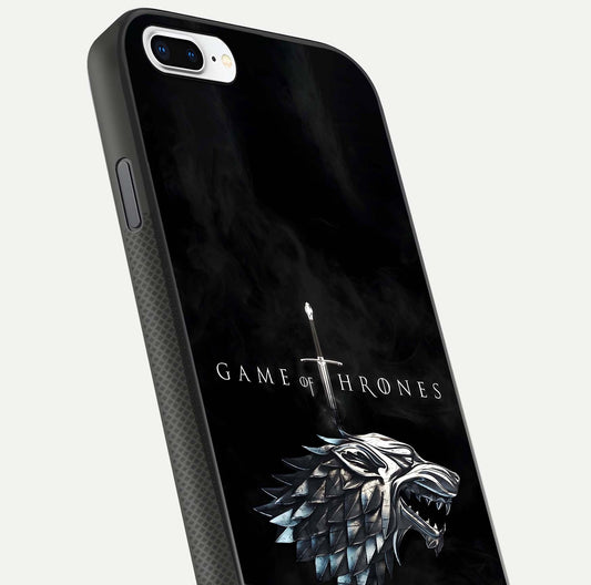 Throne Wolf Legacy Glass Case for iPhone 7 Plus close-up angled shot highlighting fur texture and reflection