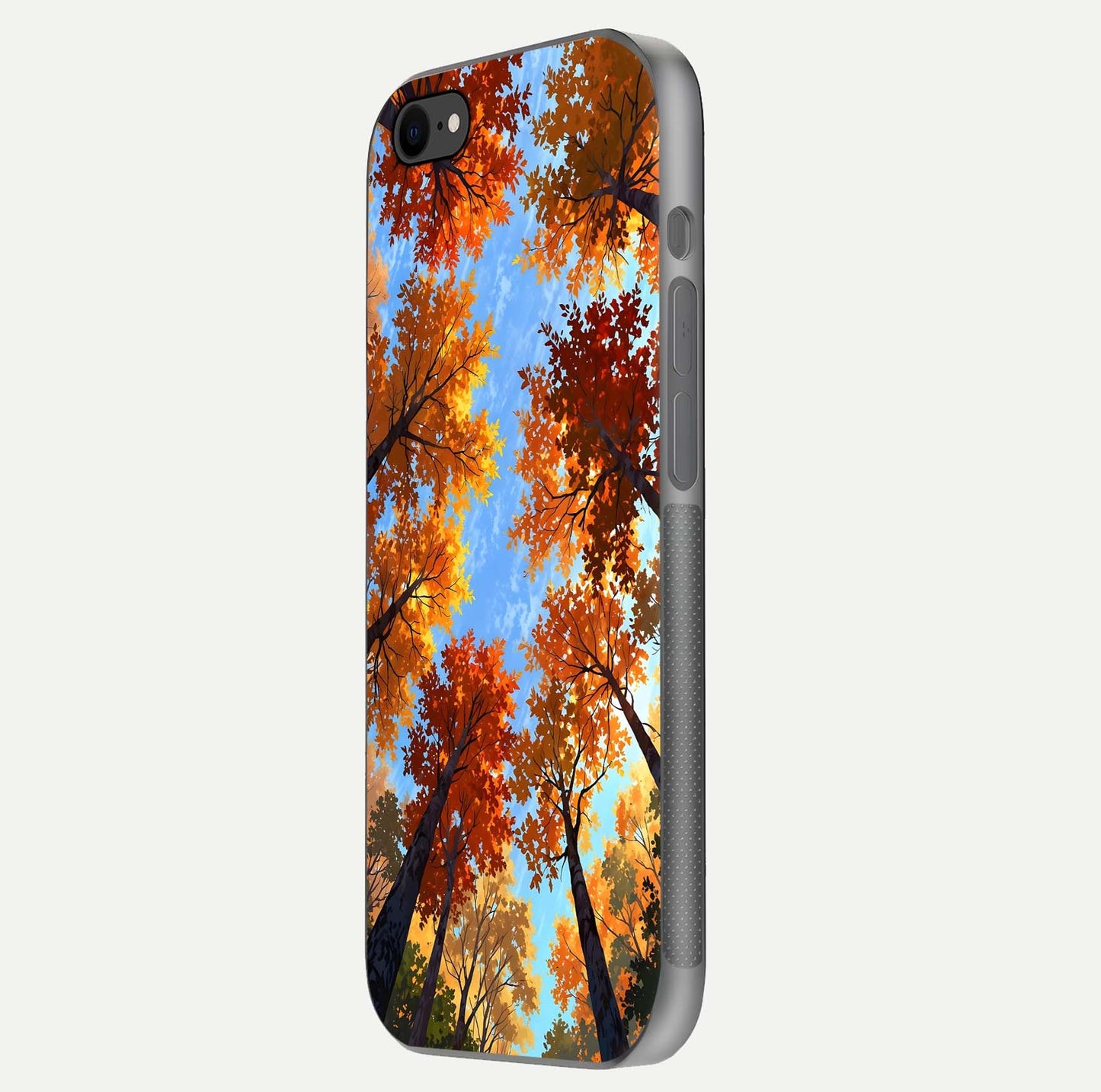 Autumn Sky Rise Glass Case for iPhone 16 Pro side-angle showing autumn art tones and protective corners